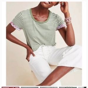 ANTHROPOLOGIE T.LA Cydney Ringer Tee Green Stripe Floral Cuffs